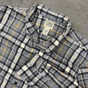 LL Bean Plaid Flannel Slightly Fitted Button Up Shirt‎ Gray Yellow XL